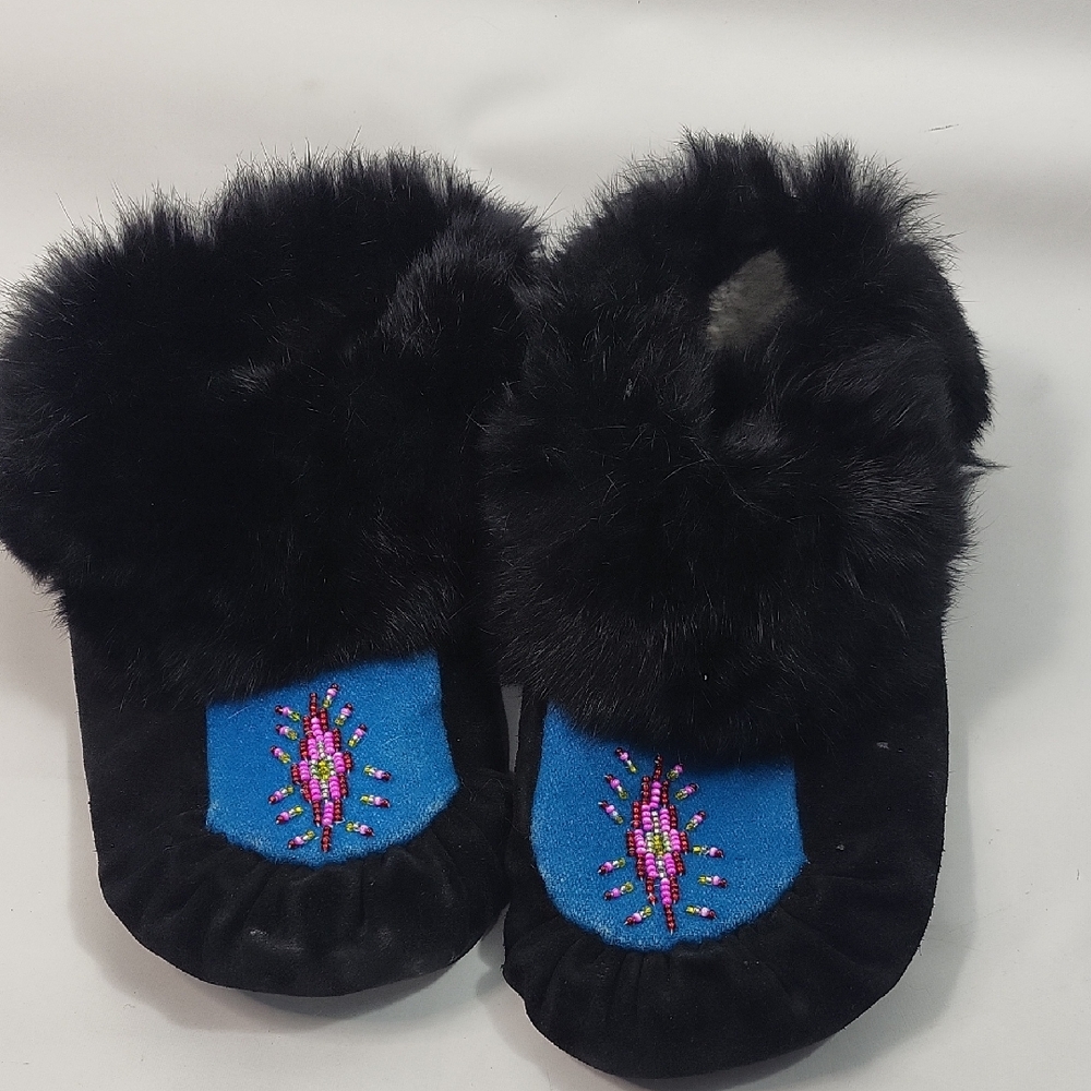 Handmade Beaded Moccasins with Black Fur Lining